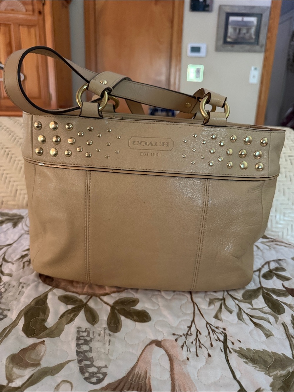 Coach Beige Leather Studded Shoulder Bag